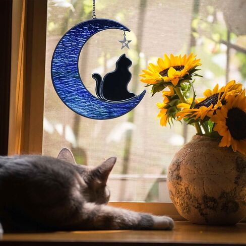 Stained Glass Cat Suncatcher, Cat Memorial Gifts Ornament, Cat on Moon Stained Glass Window Hangings Pet Memorial Gifts for Cat Themed Gifts for Cat Lovers, Cat Remembrance Gifts for Women, Mom in Kuwait