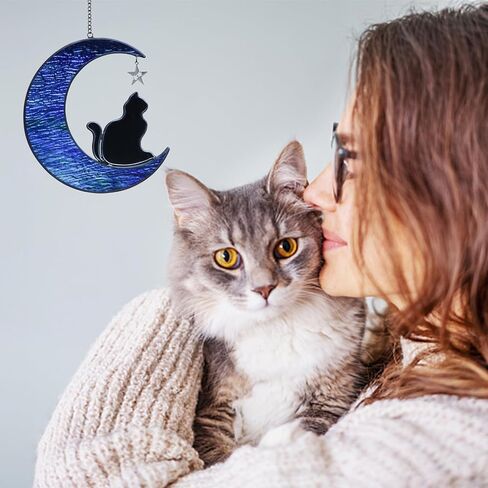 Stained Glass Cat Suncatcher, Cat Memorial Gifts Ornament, Cat on Moon Stained Glass Window Hangings Pet Memorial Gifts for Cat Themed Gifts for Cat Lovers, Cat Remembrance Gifts for Women, Mom in Kuwait