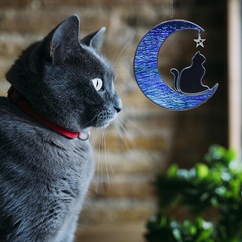Stained Glass Cat Suncatcher, Cat Memorial Gifts Ornament, Cat on Moon Stained Glass Window Hangings Pet Memorial Gifts for Cat Themed Gifts for Cat Lovers, Cat Remembrance Gifts for Women, Mom in Kuwait