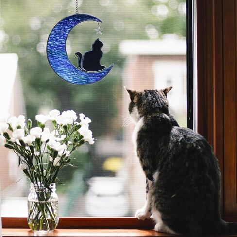 Stained Glass Cat Suncatcher, Cat Memorial Gifts Ornament, Cat on Moon Stained Glass Window Hangings Pet Memorial Gifts for Cat Themed Gifts for Cat Lovers, Cat Remembrance Gifts for Women, Mom in Kuwait