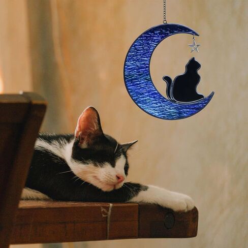 Stained Glass Cat Suncatcher, Cat Memorial Gifts Ornament, Cat on Moon Stained Glass Window Hangings Pet Memorial Gifts for Cat Themed Gifts for Cat Lovers, Cat Remembrance Gifts for Women, Mom in Kuwait