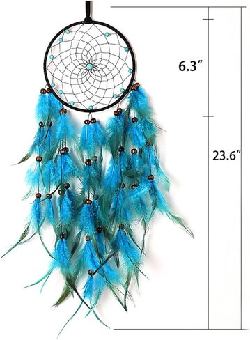 دبل بوميلو - صائد الاحلام مصنوع يدويا من الريش الازرق للتعليق على الحائط، هدية ديكور منزلي in Kuwait