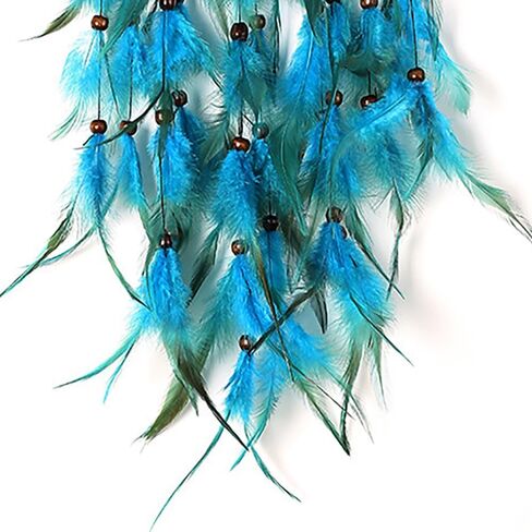 دبل بوميلو - صائد الاحلام مصنوع يدويا من الريش الازرق للتعليق على الحائط، هدية ديكور منزلي in Kuwait