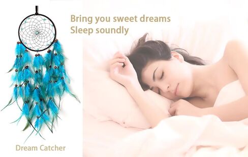 دبل بوميلو - صائد الاحلام مصنوع يدويا من الريش الازرق للتعليق على الحائط، هدية ديكور منزلي in Kuwait