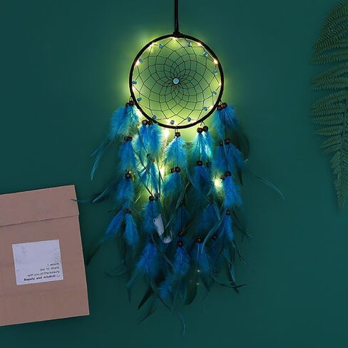 دبل بوميلو - صائد الاحلام مصنوع يدويا من الريش الازرق للتعليق على الحائط، هدية ديكور منزلي in Kuwait