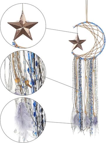 تصميم نجمة القمر الزرقاء لصائد الأحلام من Yuyeran مع زخارف معلقة من الريش لغرفة الأطفال، هدية زينة حرفية in Kuwait