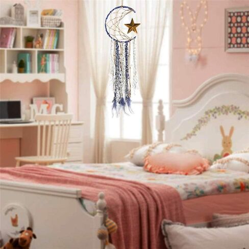 تصميم نجمة القمر الزرقاء لصائد الأحلام من Yuyeran مع زخارف معلقة من الريش لغرفة الأطفال، هدية زينة حرفية in Kuwait