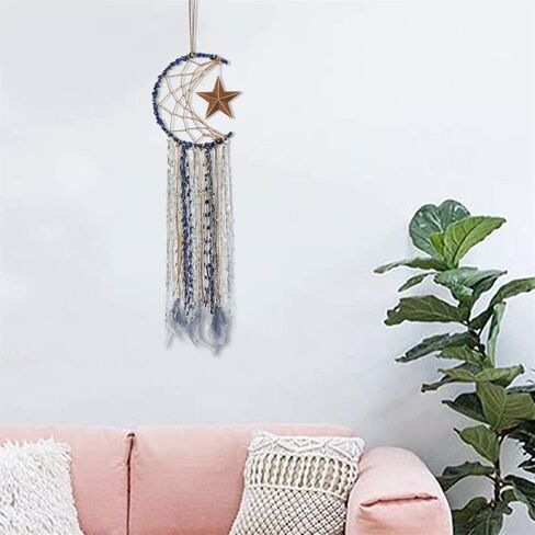 تصميم نجمة القمر الزرقاء لصائد الأحلام من Yuyeran مع زخارف معلقة من الريش لغرفة الأطفال، هدية زينة حرفية in Kuwait