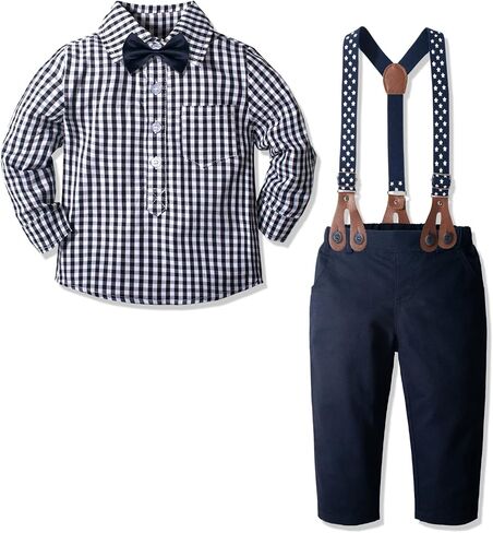 Yilaku Baby Boys Dress Clothes Formal Wedding Outfits Suspender + Bow Tie + Shirt + Pants 4Piece Infant Gentleman Suits in Kuwait