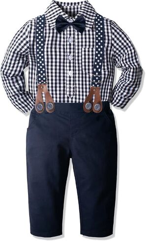 Yilaku Baby Boys Dress Clothes Formal Wedding Outfits Suspender + Bow Tie + Shirt + Pants 4Piece Infant Gentleman Suits in Kuwait