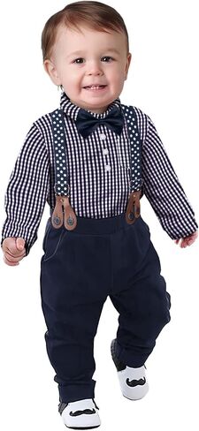 Yilaku Baby Boys Dress Clothes Formal Wedding Outfits Suspender + Bow Tie + Shirt + Pants 4Piece Infant Gentleman Suits in Kuwait