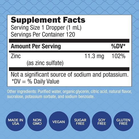 قطرات الزنك السائلة الأيونية للمعدة الحساسة (4 أونصة) تعزز الدعم المناعي وتزيد من الصحة (كمية تكفي 120 يومًا) مكمل فيتامين الزنك للبالغين - الالتهاب، والإجهاد، وحب الشباب، ووظيفة التمثيل الغذائي in Kuwait