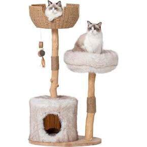 PEGIC Cat Tree Tower with Two Real Branches, 44 INCH Wood Modern Cat Tower with Luxury Cat Condo, Cat Scratching Post, Jumping Platforms, Cat Furniture (Short Plush)