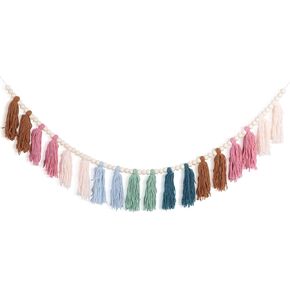 Rainbow Boho Tassel Garland with Wood Beads Colorful Wall Hanging Garland Party Baby Shower Decor Decorative Banner Pastel Tassel Garland for Kids Room Classroom Bedroom Nursery Home Decoration