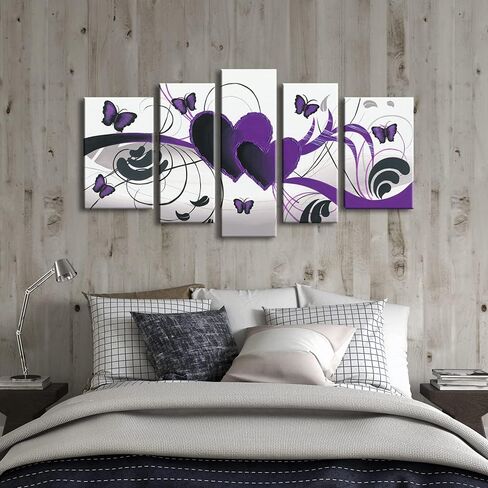 Wieco Art Purple Love Butterfly 5 لوحات حديثة 100% مرسومة يدويًا وممتدة ومؤطرة لوحات زيتية فنية رومانسية مجردة على قماش جدار الفن جاهزة للتعليق لديكور المنزل 5 قطع/مجموعة in Saudi Arabia