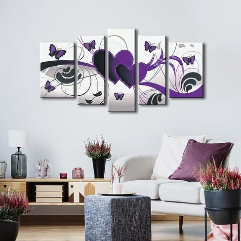 Wieco Art Purple Love Butterfly 5 لوحات حديثة 100% مرسومة يدويًا وممتدة ومؤطرة لوحات زيتية فنية رومانسية مجردة على قماش جدار الفن جاهزة للتعليق لديكور المنزل 5 قطع/مجموعة in Saudi Arabia