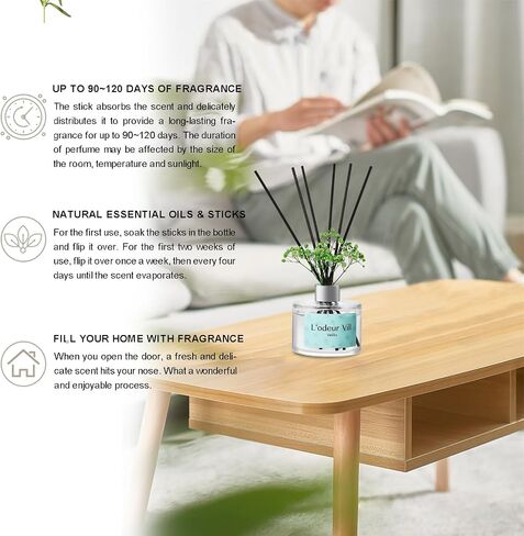 L'odeur Vill Reed Diffuser Set, 6.7 oz(200ml) Bamboo Scented Diffuser with 6 Oil Diffuser Sticks, Home Fragrance Essential Oil Reed Diffuser for Home Large Rooms Bathroom Shelf Decor in Kuwait