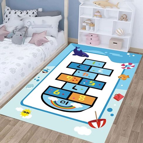 سجادة لعب للأطفال من KEBEXXY Hopscotch لغرفة اللعب، سجادة تعليمية ممتعة وسجاد المنطقة، سجادة حضانة تعلم الأرقام غير قابلة للانزلاق لغرفة نوم الأطفال، هدية للفتيات والأولاد 2.6 × 4 قدم/31 × 47 بوصة in Kuwait
