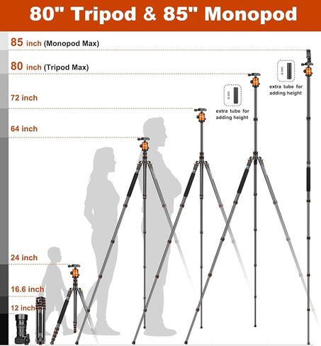 80/85 inches Heavy Duty Tripod for Camera Phone, 85" Camera Tripod Monopod | Tripod Stand for DSLR Binoculars Spotting Scope Camcorders Video, 360 Degree Ball Head, 35 lbs Loads in Kuwait