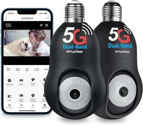 كاميرا مراقبة LaView 4MP لمبة 5G و2.4 جيجا هرتز، 360 درجة 2K لاسلكية خارجية داخلية كاملة الألوان ليلاً ونهارًا، كشف الحركة، إنذار مسموع، سهلة التركيب، متوافقة مع Alexa (عبوتان) in Kuwait