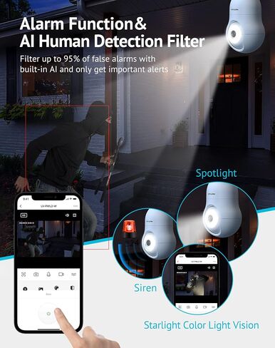 5MP QHD Bulb Security Camera 2.4GHz, 360° 3K Security Cameras Wireless Outdoor Indoor Full Color Day and Night, AI Motion Detection, Audible Alarm, Easy Installation, Compatible with Alexa in Saudi Arabia
