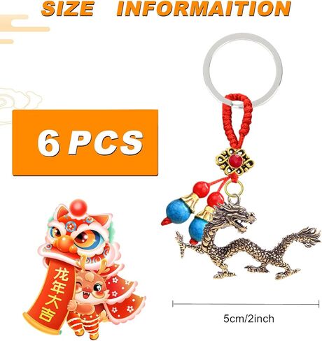 Acewen 6 قطع التنين الصيني السنة الجديدة سلاسل المفاتيح 2024 سنة التنين الحلي هدية كيرينغ لمفاتيح السيارة فنغ شوي ديكور معلق مهرجان الربيع الصيني زودياك نعمة تذكارية in Kuwait
