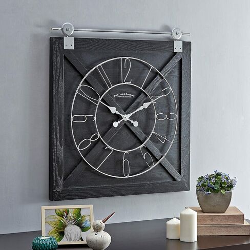 FirsTime & Co. Black Farmstead Barn Door Wall Clock for Home Office, Kitchen, Living Room, Bedroom, Square, Wood and Metal, Farmhouse Decor, 29 x 27 inches in Kuwait