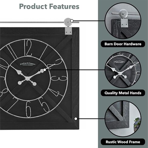 FirsTime & Co. Black Farmstead Barn Door Wall Clock for Home Office, Kitchen, Living Room, Bedroom, Square, Wood and Metal, Farmhouse Decor, 29 x 27 inches in Kuwait
