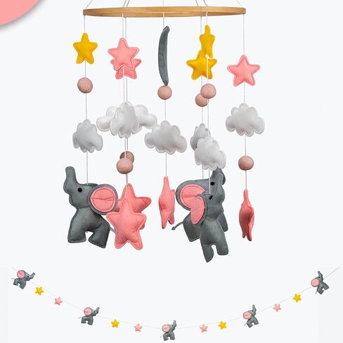 هاتف محمول على شكل فيل لسرير الأطفال - هاتف محمول على شكل فيل باللونين الوردي والرمادي، بما في ذلك ديكور حضانة الفيل المتوافق مع إكليل in Kuwait