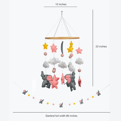 هاتف محمول على شكل فيل لسرير الأطفال - هاتف محمول على شكل فيل باللونين الوردي والرمادي، بما في ذلك ديكور حضانة الفيل المتوافق مع إكليل in Kuwait
