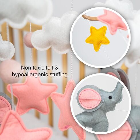 هاتف محمول على شكل فيل لسرير الأطفال - هاتف محمول على شكل فيل باللونين الوردي والرمادي، بما في ذلك ديكور حضانة الفيل المتوافق مع إكليل in Kuwait