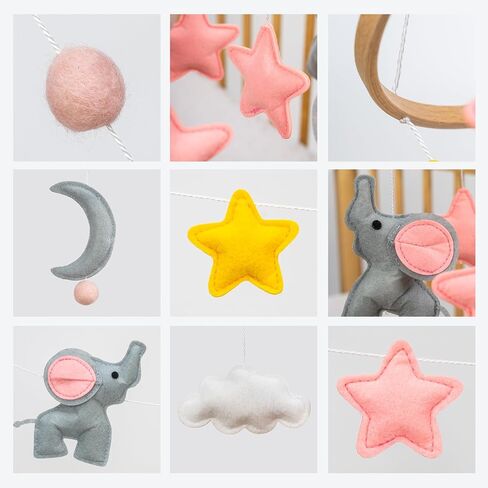 هاتف محمول على شكل فيل لسرير الأطفال - هاتف محمول على شكل فيل باللونين الوردي والرمادي، بما في ذلك ديكور حضانة الفيل المتوافق مع إكليل in Kuwait