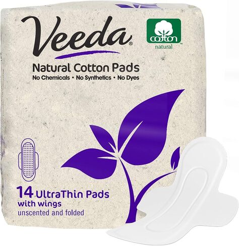 Veeda Ultra-Thin Absorbent Day Pads with 100% Natural Cotton Top Sheet are Always Chlorine and Fragrance Free, Hypoallergenic, Natural Cotton Sanitary Napkins, 14 Count in Kuwait