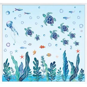 Whaline 6 Sheets Summer Window Clings Ocean Themed Sea Turtle Window Sticker Decals Watercolor Marine Animals Double-Sided Window Decals for Summer School Home Decorations Under The Sea Party Supplies