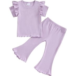 fhutpw Toddler Girl Clothes Summer Solid Color Outfits Ribbed Ruffle Short Sleeve Tops & Flared Pants Sets Baby 2Pcs Suit