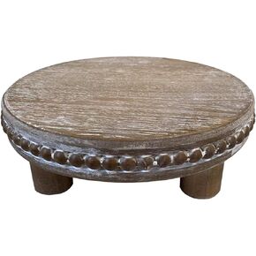 Farmhouse Beaded Wood Pedestal Tray Decor, 7.6" Round Vintage Display Stand, Decorative Accent Display Riser for Farmhouse Kitchen, Bathroom (Natural)