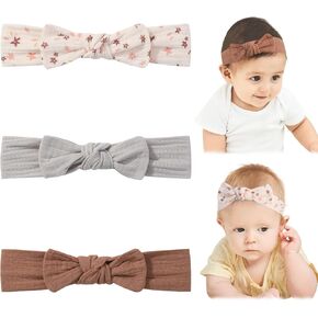 YHXX YLEN 3PCS Baby Headbands Handmade Baby Girl Headbands with Bows Soft Stretchy Hair Bands Newborn Bow Headbands for Baby Girls Infant Toddlers- Grey Brown White Flowers in Kuwait