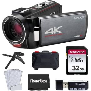 PHOTO4LESS MINOLTA® MN4K20NV 4K Ultra HD / كاميرا فيديو للرؤية الليلية بدقة 30 ميجابكسل (أسود) + بطاقة ذاكرة SD سعة 32 جيجابايت + حافظة صلبة لبطاقة الذاكرة + قارئ بطاقة USB SD عالي السرعة + حامل ثلاثي القوائم للطاولة in Kuwait