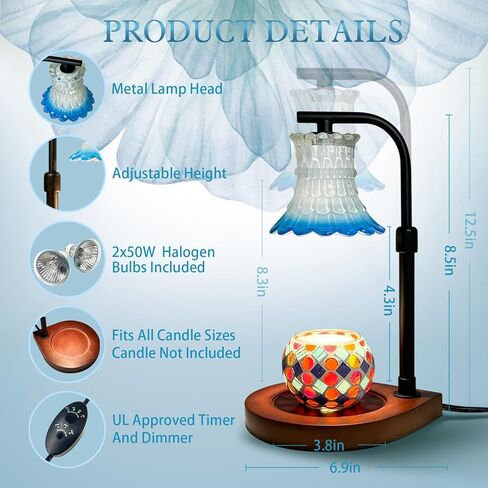 JAMZEL مصباح تدفئة الشموع مع مؤقت، مصابيح شموع كهربائية قابلة للتعتيم، مذيب شموع زجاجي لديكور المنزل كهدية للنساء، متوافق مع شمعة الجرة الصغيرة والكبيرة، يتضمن لمبتين (أسود وأزرق) in Kuwait