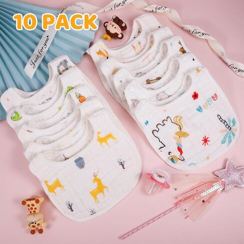 فو يامب 10 قطع من مرايل الموسلين للاطفال الاولاد والبنات، 100% قطن الموسلين الماص بطبقات ناعمة، 8 طبقات من الموسلين لتسنين الرضع واللعاب in Kuwait