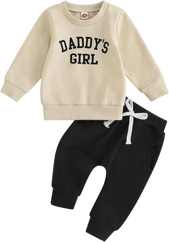 ملابس YINGISFITM للأطفال الصغار والبنات، سويت شيرت مطبوع عليه Daddys Girls، سروال رياضي طويل للخريف والشتاء، مجموعة ملابس رياضية in Kuwait