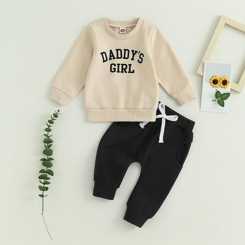 ملابس YINGISFITM للأطفال الصغار والبنات، سويت شيرت مطبوع عليه Daddys Girls، سروال رياضي طويل للخريف والشتاء، مجموعة ملابس رياضية in Kuwait
