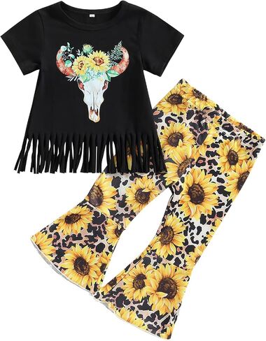 fhutpw Toddler Kids Baby Girl Outfit Cow Print Short Sleeve T-Shirt Top+Cartoon Flared Pants Set Western Girls Clothes in Kuwait