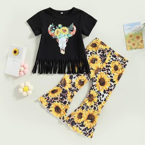 fhutpw Toddler Kids Baby Girl Outfit Cow Print Short Sleeve T-Shirt Top+Cartoon Flared Pants Set Western Girls Clothes in Kuwait