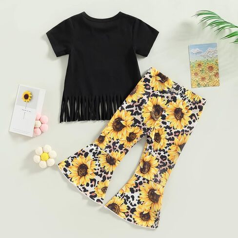 fhutpw Toddler Kids Baby Girl Outfit Cow Print Short Sleeve T-Shirt Top+Cartoon Flared Pants Set Western Girls Clothes in Kuwait