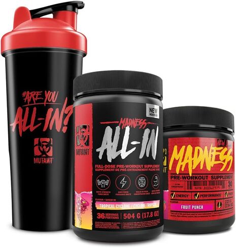 Mutant | Madness and Madness All-in | Double Pre-Workout Bundle | Fruit Punch and Melon Candy | Branded Stainless Steel Shaker | 30 Serving + 18 Serving in Saudi Arabia