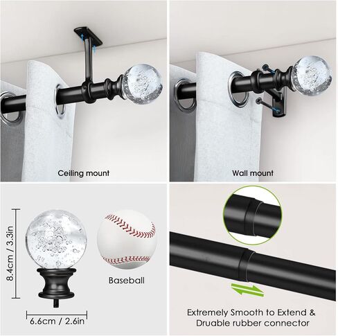 Curtain Rods, 1 Inch Curtain Rods for Windows 144 to 168, Black Curtain Rod, Hanging Curtain Rod with Brackets, Outdoor Curtain Rod, Telescope Curtain Rod, with Ball Finials Crystal, 144"-168" in Kuwait
