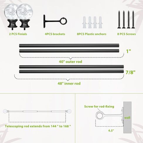 Curtain Rods, 1 Inch Curtain Rods for Windows 144 to 168, Black Curtain Rod, Hanging Curtain Rod with Brackets, Outdoor Curtain Rod, Telescope Curtain Rod, with Ball Finials Crystal, 144"-168" in Kuwait