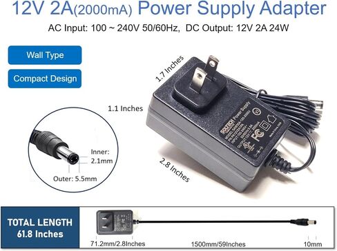 [2-Pack] 12V 2A 24W Power Supply Adapter, AC 100-240V to DC 12V 2000mA AC/DC Universal Adapter Cord for Samsung Wisenet Night Owl Lorex Q-See Swann CCTV Security Camera, DVR, NVR, LED Strip Lights in Kuwait