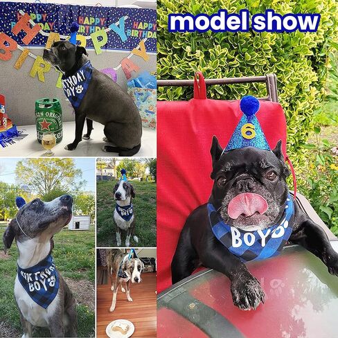 FLYSTAR الكلب باندانا عيد ميلاد مع قبعة ورقم - منقوشة لطيف هزلي باندانا للكلاب الصغيرة المتوسطة الكبيرة صبي - وشاح مثلث أزرق Bibis حزب ملابس الكلب in Kuwait